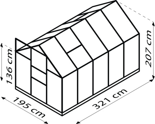 Afbeelding van een kas met de afmetingen 195 cm breed, 321 cm lang en 207 cm hoog.