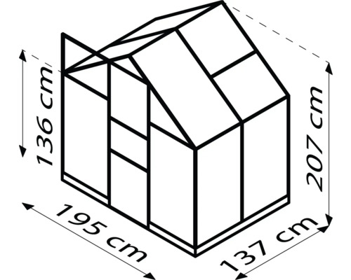 Schets van een kas met afmetingen: 136 cm hoogte aan de zijkant, 207 cm totale hoogte, 195 cm breedte, 137 cm diepte