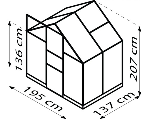 Afbeelding van een kas met de afmetingen 136 cm hoog, 195 cm breed, 207 cm hoog en 137 cm diep.