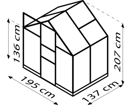 Technische tekening van een kas met de afmetingen 136 cm, 195 cm, 207 cm en 137 cm.