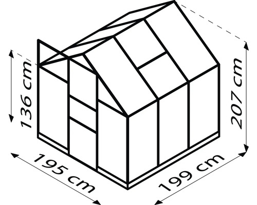 Technische tekening van een kas met de afmetingen 136 cm hoogte, 195 cm breedte en 207 cm hoogte.