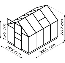 Afmetingen van een kas met een breedte van 195 centimeter, een lengte van 261 centimeter en een hoogte van 207 centimeter.