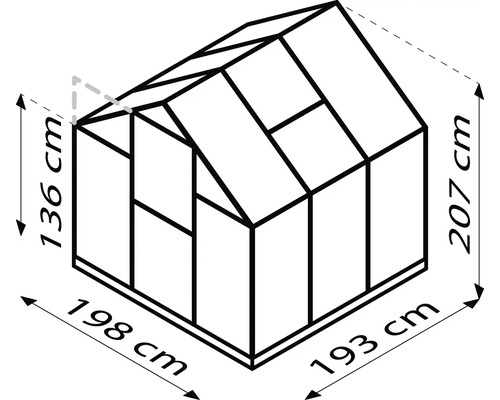 Afbeelding van een kas met de afmetingen 136 cm hoogte, 198 cm lengte en 193 cm breedte.