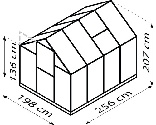 Schema van de kas met afmetingen 198 cm breed, 256 cm diep en 207 cm hoog