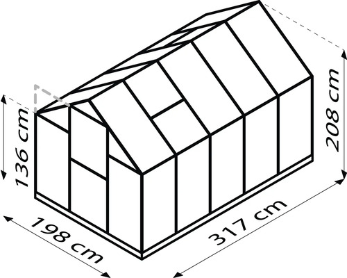 Technische tekening van een kas met de afmetingen 136 cm hoogte vooraan, 208 cm hoogte achteraan, 198 cm breedte en 317 cm lengte.