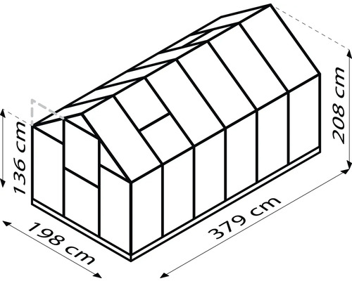 Afbeelding van een kas met afmetingen van 198 cm breed, 379 cm lang en 208 cm hoog