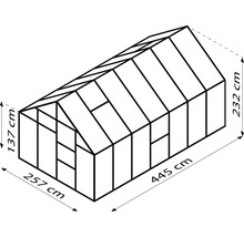 Illustratie van een kas met afmetingen: hoogte 232 cm, breedte 257 cm, lengte 445 cm.