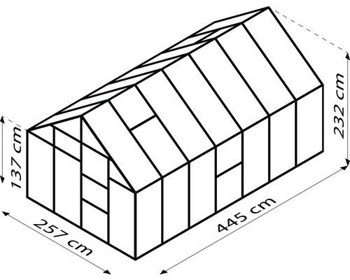 Illustratie van een kas met de afmetingen 257 cm bij 445 cm en een hoogte van 232 cm.