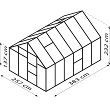 Afbeelding van een kas met afmetingen: 137 cm hoogte, 257 cm breedte en 383 cm lengte.