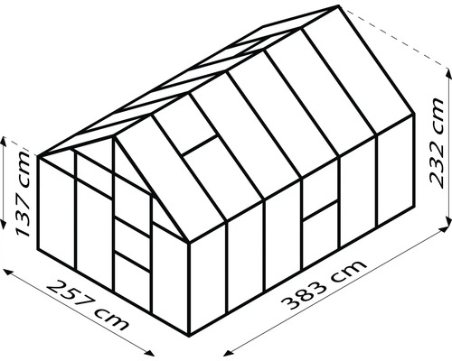 Tekening van een kas met de afmetingen 257 cm breed, 383 cm lang en 232 cm hoog.