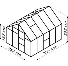 Tekening van een kas met afmetingen voor hoogte, breedte en diepte