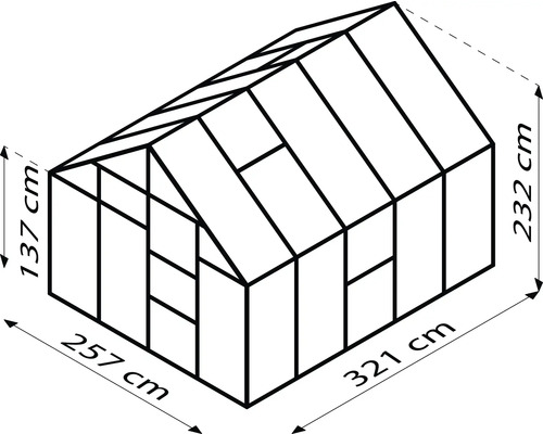 Afbeelding van een kas met afmetingen van 257 cm breed, 321 cm lang en 232 cm hoog