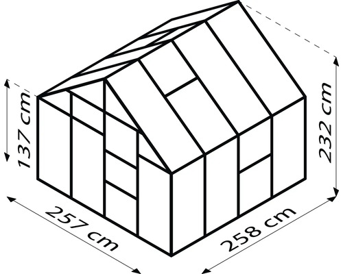 Afbeelding van een kas met de afmetingen 257 cm x 258 cm x 137 cm x 232 cm