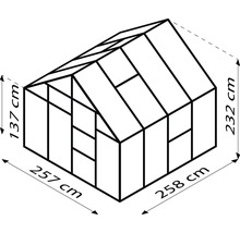 Schema van een kas met de afmetingen 257 cm, 258 cm, 137 cm en 232 cm.