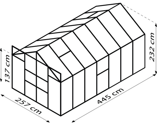 Afbeelding van een kas met afmetingen van 257 cm x 445 cm en een hoogte van 232 cm