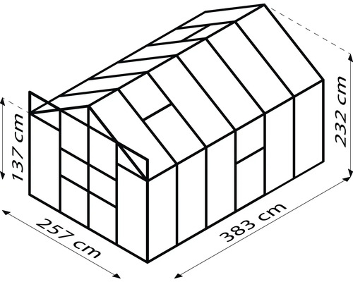 Schema van de kas met afmetingen van 383, 257 en 232 bij 137 centimeter.