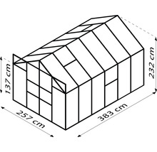 Schets van een kas met de afmetingen 383 bij 257 bij 232 centimeter.