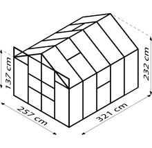 Illustratie van een kas met afmetingen: 137 cm hoogte vooraan, 232 cm hoogte achteraan, 257 cm breedte en 321 cm lengte.
