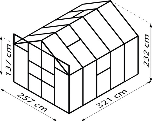 Afbeelding van een kas met afmetingen van 257 bij 321 bij 232 cm