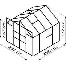 Schema van de kas met afmetingen 257 x 258 x 232 cm