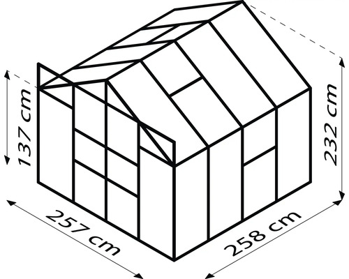 Afmetingen kas: 257 cm breed, 258 cm diep en 232 cm hoog.