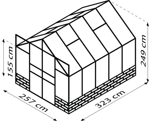 Technische tekening van een kas met afmetingen