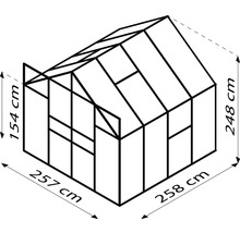 Afmetingen van een kas: 257 cm x 258 cm grondoppervlak, 154 cm zijhoogte, 248 cm totale hoogte.