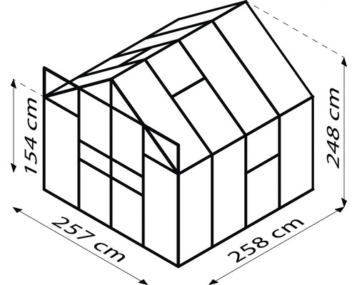 Afmetingen van een kas: 154 cm hoogte voorkant, 248 cm hoogte achterkant, 257 cm lengte linkerkant, 258 cm lengte rechterkant