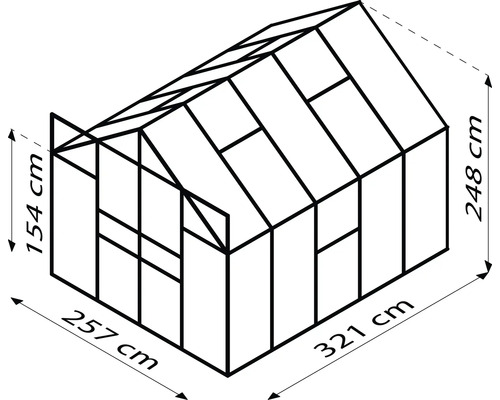 Technische tekening van een kas met de afmetingen: 257 centimeter breed, 321 centimeter lang, 154 centimeter zijhoogte en 248 centimeter totale hoogte.