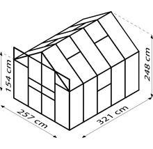 Afbeelding van een kas met afmetingen: 257 cm x 321 cm basis, 154 cm zijhoogte en 248 cm totale hoogte.