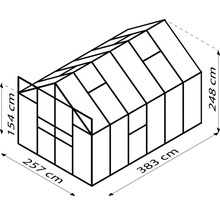 Illustratie van een kas met afmetingen van 257 cm breed, 383 cm lang en 248 cm hoog