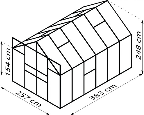 Tekening van een kas met afmetingen van 257 cm x 383 cm en een hoogte van 154 cm tot 248 cm