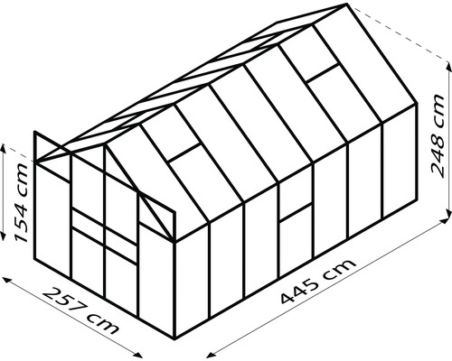 Technische tekening van een kas met de afmetingen 445 cm lengte, 257 cm breedte en 248 cm hoogte
