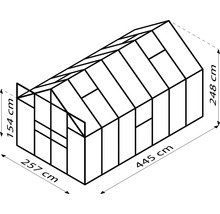 Tekening van een kas met afmetingen 257 cm x 445 cm x 248 cm