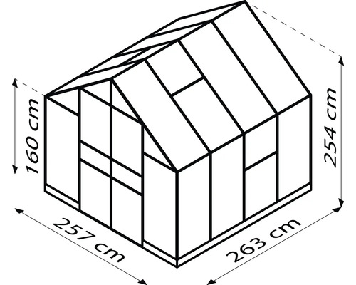 Schets van een broeikas met de afmetingen 257 cm, 263 cm, 160 cm en 254 cm