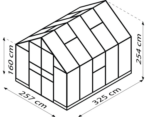 Illustratie van een kas met de afmetingen 160 cm hoog, 257 cm breed en 325 cm lang