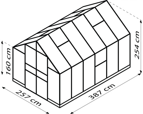 Illustratie van een kas met afmetingen 257 cm x 387 cm x 160 cm tot 254 cm