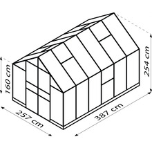 Schets van een kas met de afmetingen 257 cm breed, 387 cm lang en 254 cm hoog.