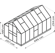 Illustratie van een kas met de afmetingen 257 cm x 449 cm x 160 cm x 254 cm.
