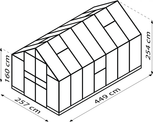 Illustratie van een kas met de afmetingen 257 cm x 449 cm x 160 cm x 254 cm.