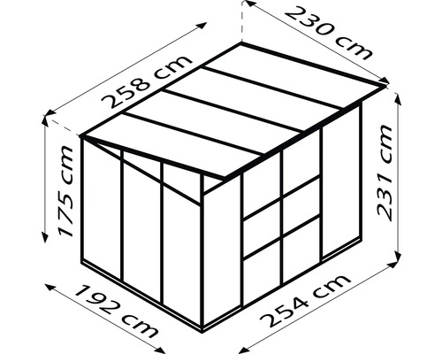 Diagram van een tuinhuis met afmetingen in centimeters