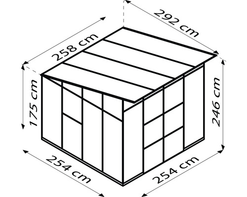 Illustratie van een kas met de afmetingen 254 x 254 x 246 cm, nokhoogte 292 cm en zijhoogte 175 cm