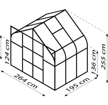 Schets van een kas met afmetingen 264 x 195 x 255 cm
