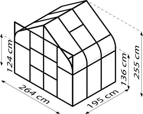 Schets van een kas met afmetingen 264 x 195 x 255 cm