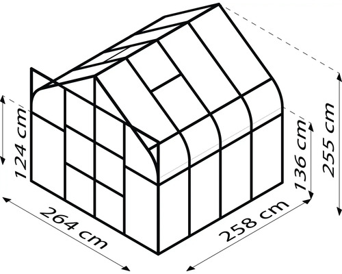 Schets van een kas met afmetingen van 264 bij 258 centimeter grondoppervlak en 124 respectievelijk 255 centimeter hoogte