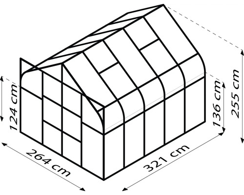 Schets van een kas met afmetingen van 264 bij 321 bij 255 centimeter
