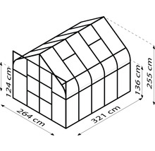Afbeelding van een kas met afmetingen van 264 cm x 321 cm en een hoogte van 255 cm.
