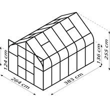 Schets van een kas met afmetingen van 264 bij 383 centimeter grondoppervlak en 255 centimeter hoogte