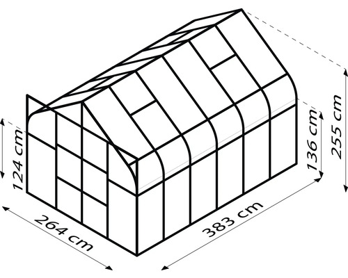 Afbeelding van een kas met afmetingen van 383 cm lang, 264 cm breed en 255 cm hoog