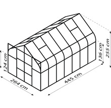 Illustratie van een kas met de afmetingen 264 bij 445 bij 255 centimeter